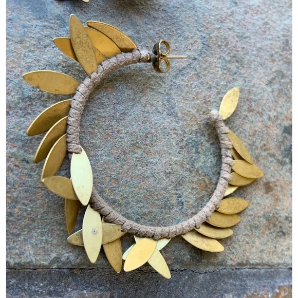 Leather & Brass Fringe Large Hoop Earrings - Picture 7 of 7